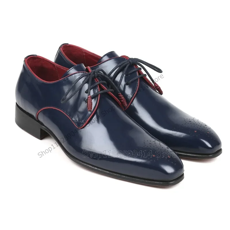 Men'S Shoes Navy Blue - Marineblauwe ademende heren derby schoenen met