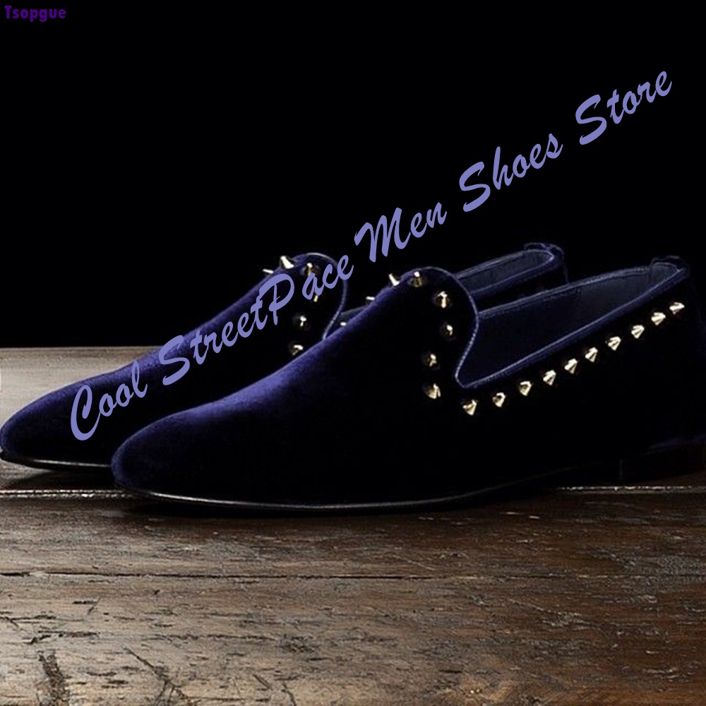 Men'S Shoes Navy Blue - Heren marineblauwe fluwelen loafers met studs,