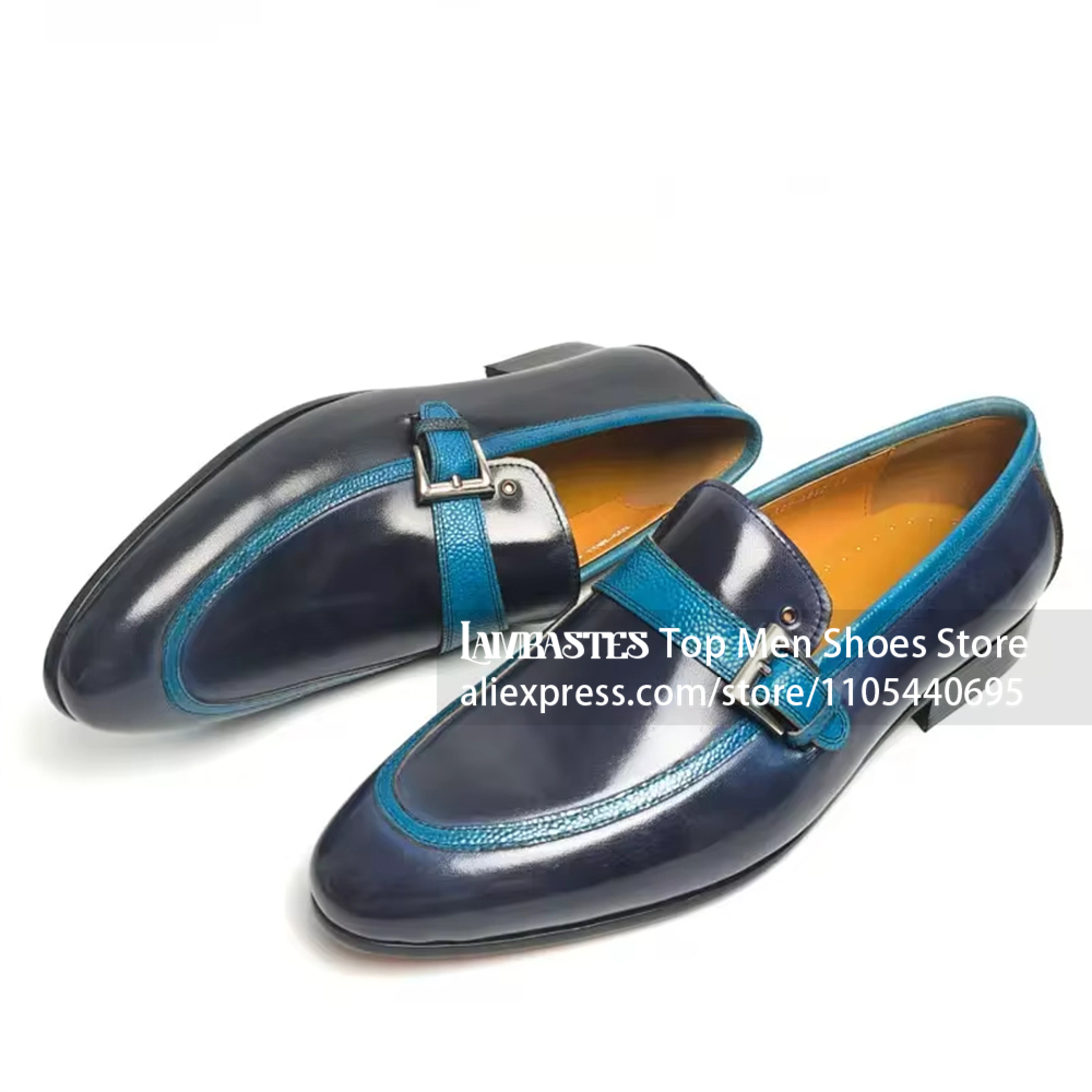 Men'S Shoes Navy Blue - Marineblauwe contrastgesp penny loafers amandelvormige neus