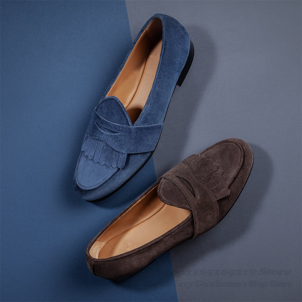 Men'S Shoes Navy Blue - Marineblauwe Suede Loafers Mannen Ronde Neus